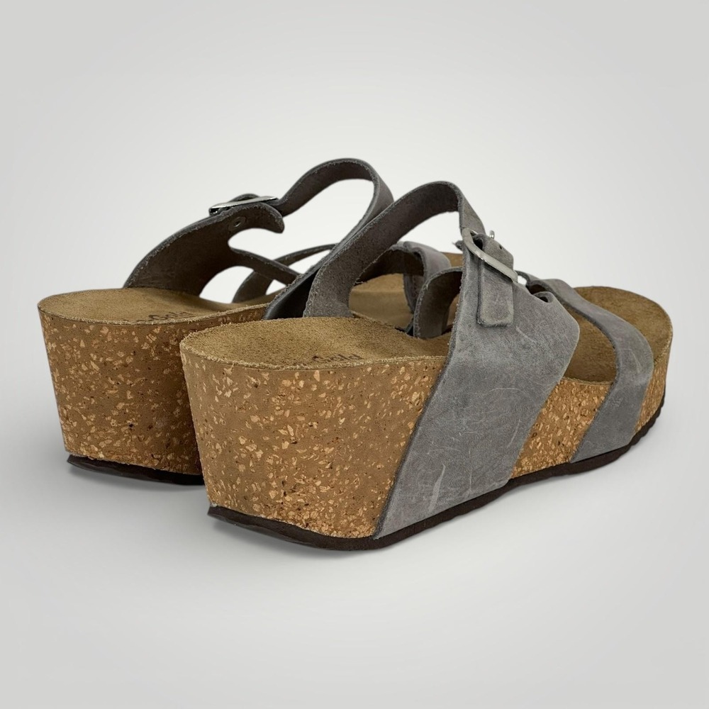 Bio-Gold Gray Suede Cork Wedge Sandals Womens 8 Italy Thong Comfort Shoes - Picture 6 of 14